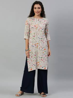 Kimisha Women's Rayon Printed Straight Kurti(Off-Wihte) 5