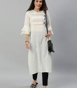 Kimisha Women's Cotton Slub Kantha Work Straight Kurti (Wihte)