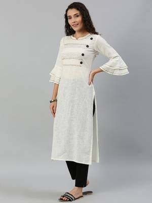 Kimisha Women's Cotton Slub Kantha Work Straight Kurti (Wihte) 4