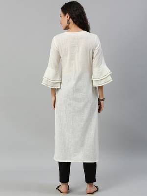 Kimisha Women's Cotton Slub Kantha Work Straight Kurti (Wihte) 5