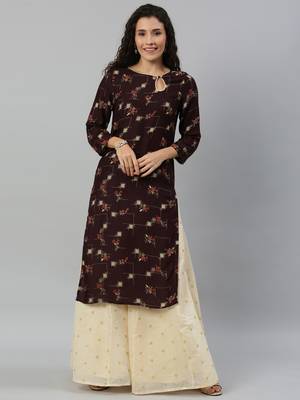 Rayon Printed Straight Kurti (Brown) 1