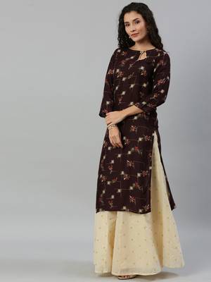 Rayon Printed Straight Kurti (Brown) 3