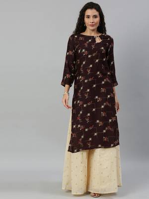 Rayon Printed Straight Kurti (Brown) 5