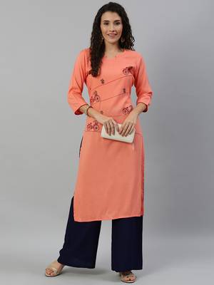 Rayon Embroidered Straight Kurti (Peach) 1