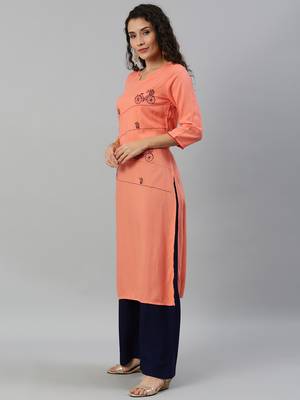 Rayon Embroidered Straight Kurti (Peach) 4