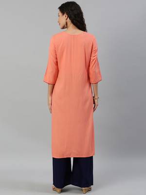 Rayon Embroidered Straight Kurti (Peach) 5