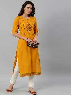 Kimisha Women's Rayon Slub Printed & Hand Work Straight Kurti (Mustard) 1
