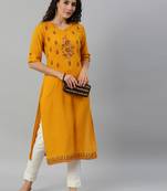 Kimisha Women's Rayon Slub Printed & Hand Work Straight Kurti (Mustard)