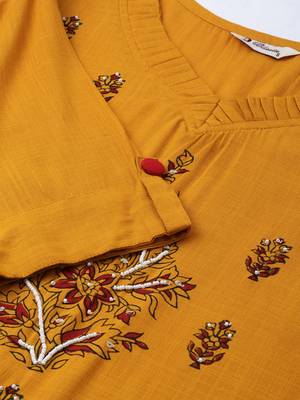 Kimisha Women's Rayon Slub Printed & Hand Work Straight Kurti (Mustard) 2