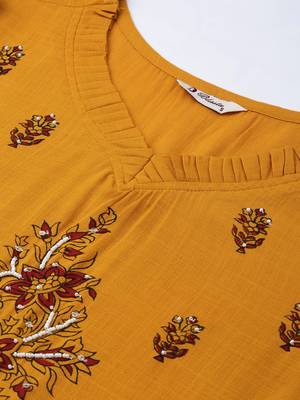 Kimisha Women's Rayon Slub Printed & Hand Work Straight Kurti (Mustard) 4
