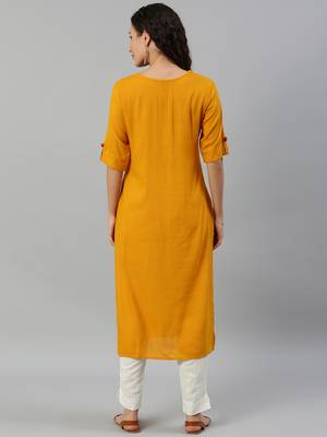 Kimisha Women's Rayon Slub Printed & Hand Work Straight Kurti (Mustard) 5