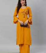 Women Mustard Solid Kurta With Plazzo With Hand Work Detailing