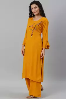 Women Mustard Solid Kurta With Plazzo With Hand Work Detailing