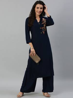 Kimisha Women Navy Solid Kurta with Plazzo With Hand-Work Detailing 1