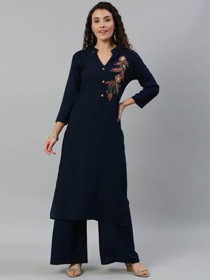Kimisha Women Navy Solid Kurta with Plazzo With Hand-Work Detailing 4