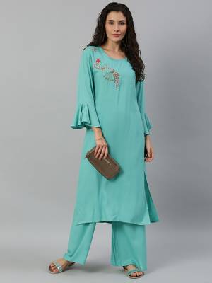 Women Turquoise Blue Solid Kurta With Plazzo With Hand Work Detailing 1