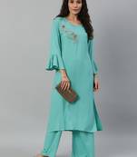 Women Turquoise Blue Solid Kurta With Plazzo With Hand Work Detailing