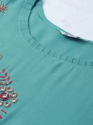 Women Turquoise Blue Solid Kurta With Plazzo With Hand Work Detailing 3