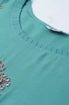 Women Turquoise Blue Solid Kurta With Plazzo With Hand Work Detailing