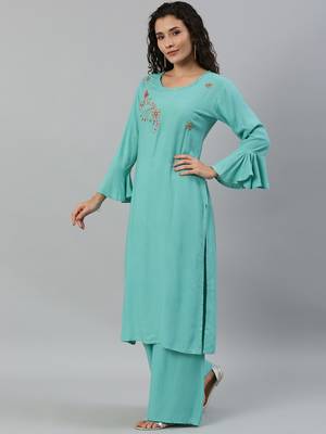 Women Turquoise Blue Solid Kurta With Plazzo With Hand Work Detailing 4