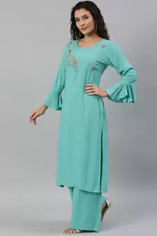 Women Turquoise Blue Solid Kurta With Plazzo With Hand Work Detailing