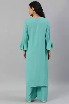 Women Turquoise Blue Solid Kurta With Plazzo With Hand Work Detailing