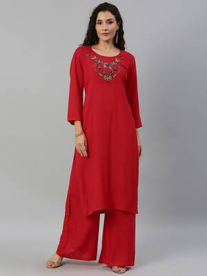 Kimisha Women Red Solid Kurta with Plazzo With Hamd Work Detailing 1