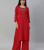 Kimisha Women Red Solid Kurta with Plazzo With Hamd Work Detailing