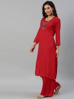 Kimisha Women Red Solid Kurta with Plazzo With Hamd Work Detailing 3