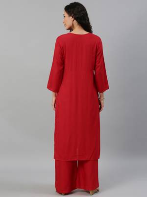 Kimisha Women Red Solid Kurta with Plazzo With Hamd Work Detailing 4