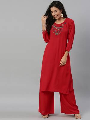 Kimisha Women Red Solid Kurta with Plazzo With Hamd Work Detailing 5