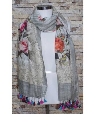 multicolor Handwoven Digitally floral Printed Linen Dupatta with tassels 1