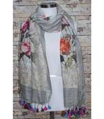 multicolor Handwoven Digitally floral Printed Linen Dupatta with tassels