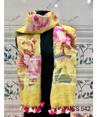 multicolor Handwoven Digitally floral Printed Linen Dupatta with tassels 1