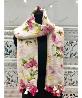 multicolor Handwoven Digitally floral Printed Linen Dupatta with tassels 1