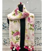 multicolor Handwoven Digitally floral Printed Linen Dupatta with tassels