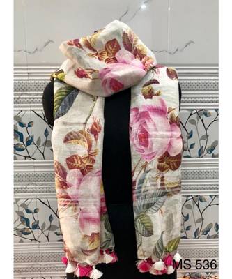 multicolor Handwoven Digitally floral Printed Linen Dupatta with tassels 1