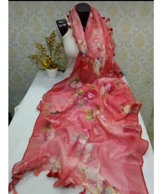 multicolor Handwoven Digitally floral Printed Linen Dupatta with tassels 1