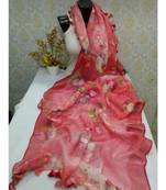 multicolor Handwoven Digitally floral Printed Linen Dupatta with tassels