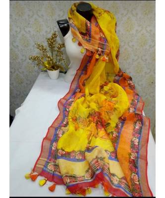 multicolor Handwoven Digitally floral Printed Linen Dupatta with tassels 1