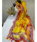multicolor Handwoven Digitally floral Printed Linen Dupatta with tassels