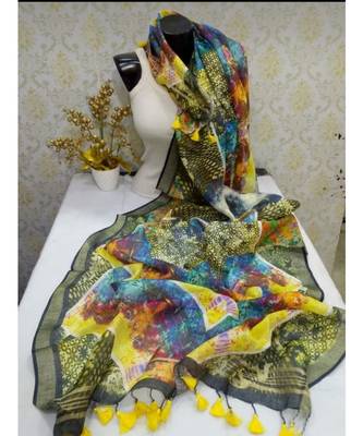 multicolor Handwoven Digitally floral Printed Linen Dupatta with tassels 1