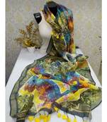 multicolor Handwoven Digitally floral Printed Linen Dupatta with tassels