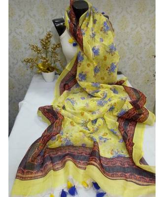 multicolor Handwoven Digitally floral Printed Linen Dupatta with tassels 1