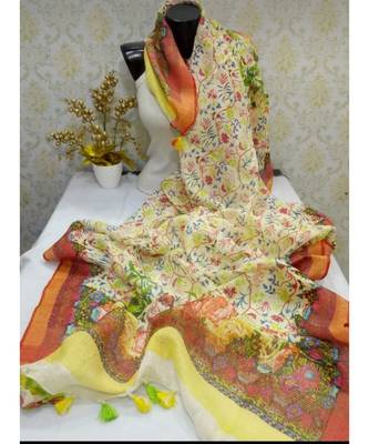multicolor Handwoven Digitally floral Printed Linen Dupatta with tassels 1