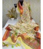 multicolor Handwoven Digitally floral Printed Linen Dupatta with tassels