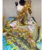 multicolor Handwoven Digitally floral Printed Linen Dupatta with tassels