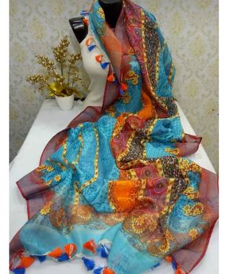 multicolor Handwoven Digitally floral Printed Linen Dupatta with tassels 1