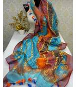 multicolor Handwoven Digitally floral Printed Linen Dupatta with tassels