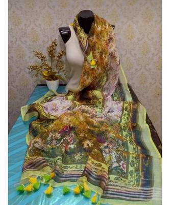 multicolor Handwoven Digitally floral Printed Linen Dupatta with tassels 1